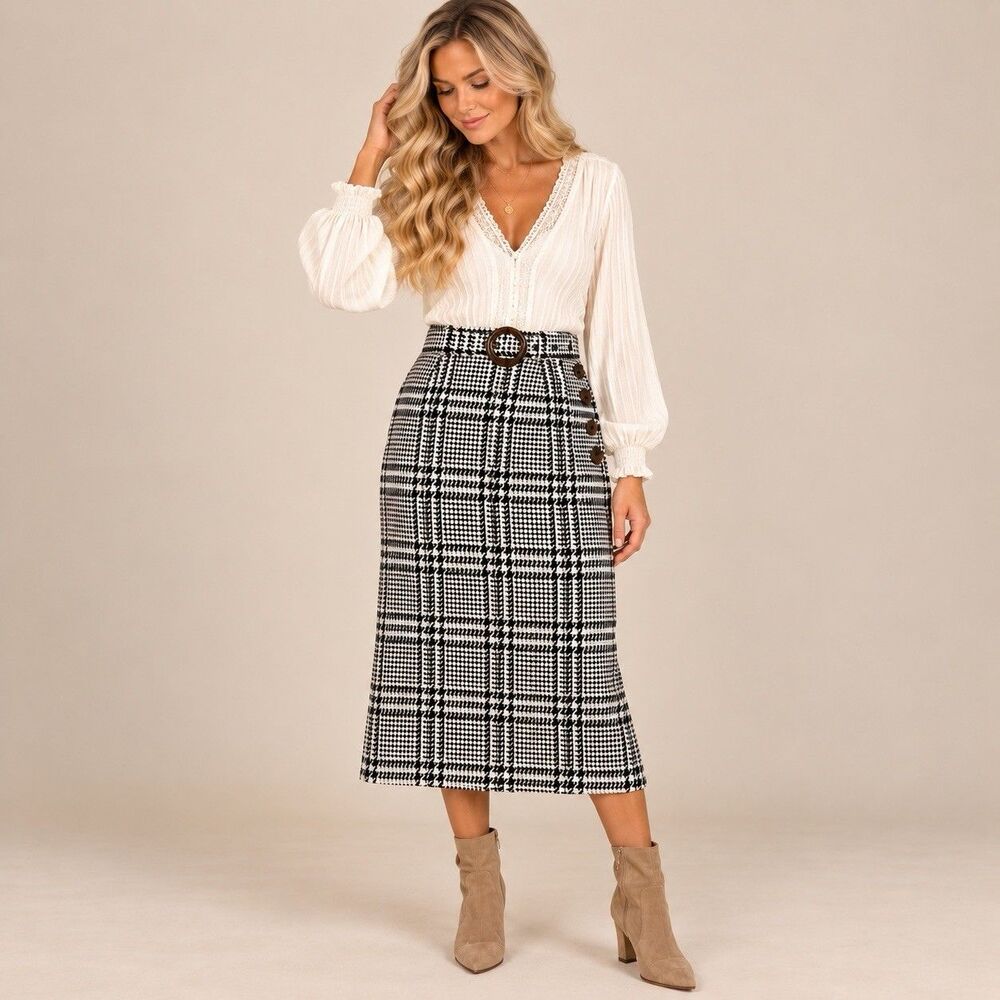 Free People Off The Duty Houndstooth Plaid Midi Skirt Belted Black White 4